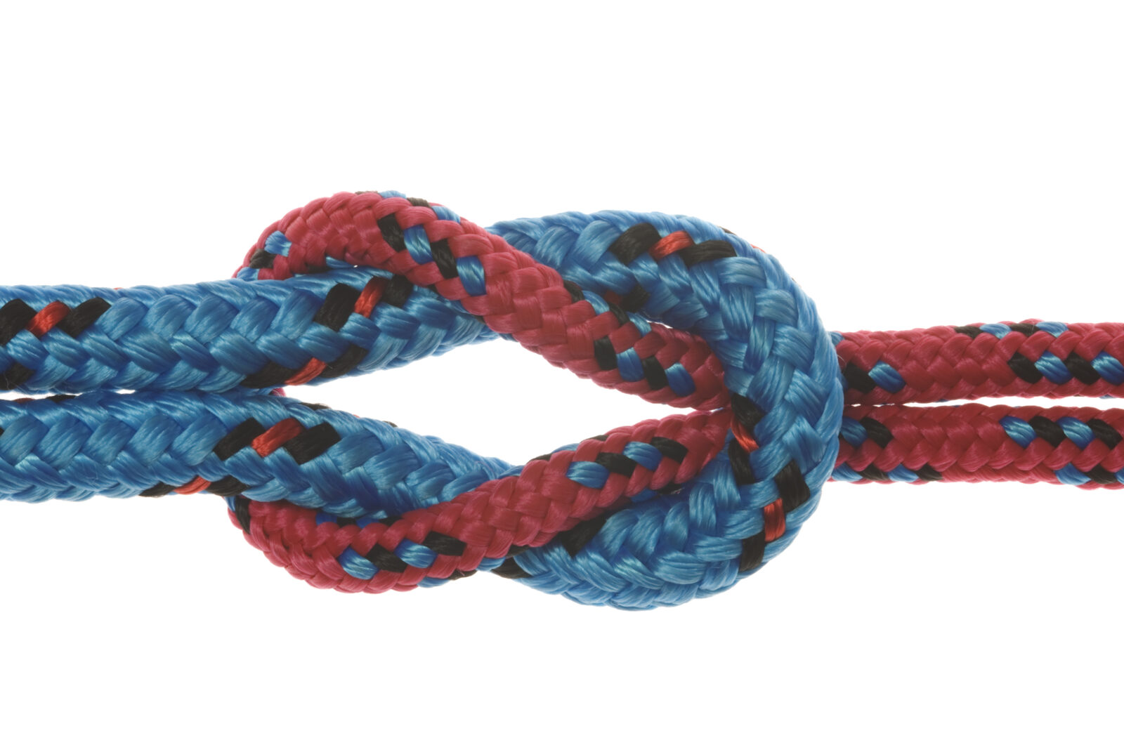 Blue and red rope tied into a reef knot